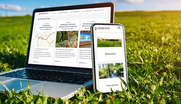 Laptop und Handy zeigen das neue Design der Landgesellschaft Mecklenburg-Vorpommern